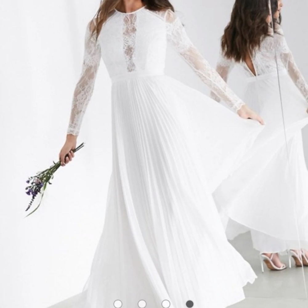 👹Asos Chiffon Lace Pleated formal evening boho Coquette keyhole long sleeve M